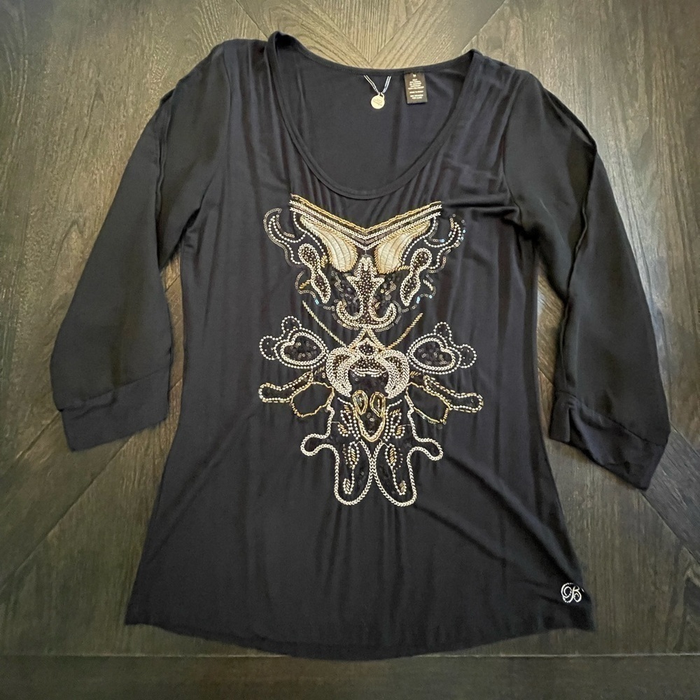 BKE Black and Gold Beaded Top Medium
